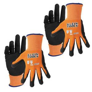 lot 8196 image: KLEIN TOOLS 60823 Work Gloves, Knit Dipped Cut Resistant ANSI A1 Nitrile Coated Gloves, Nylon-Spandex, Touchscreen Capable, 2XL, 2-Pair