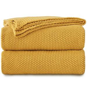 lot 8215 image: Longhui bedding Mustard Yellow Cotton Cable Knit Throw Blanket for Couch Sofa Bed, Home Decorative Lightweight Knitted Blankets with Bonus Laundering Bag, 50 x 60, Machine Washable