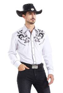 lot 8269 image: EL PIONERO Mens Floral and Horseshoe Embroidered Long Sleeve Retro Western Cowboy Shirt White L