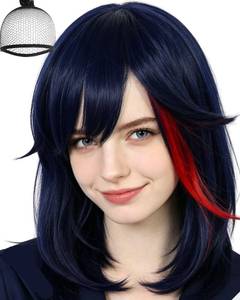 lot 8319 image: ANOGOL Dark Blue Mixed Red Cosplay Wig Women Short Blue Bob Wig with Bangs