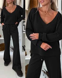 lot 8329 image: Ninimour Womens 2 Piece Lounge Sets V Neck Sweatsuit Wide Leg Tracksuit Airport Travel Matching Outfits Casual-bk-S