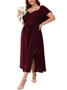 lot 8331 image: SCOMCHIC Women Plus Size Dresses Short Sleeve Sweetheart Neckline Wedding Guest Cocktail Smocked A Line Slit Maxi Dress Burgundy L