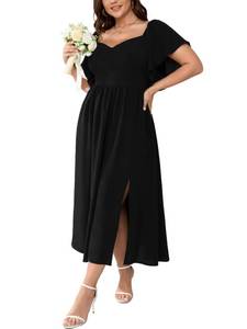 lot 8336 image: SCOMCHIC Women Plus Size Dresses Short Sleeve Sweetheart Neckline Wedding Guest Cocktail Smocked A Line Slit Maxi Dress Black