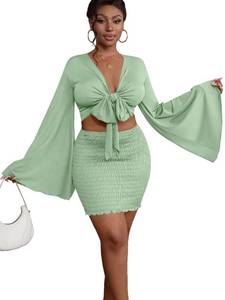 lot 8340 image: LYANER Women 2 Piece Vacation Outfits Tie Knot Front Bell Long Sleeve Crop Top and Mini Skirt Summer Set Light Green XX-Large