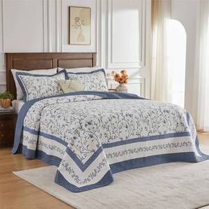 lot 11431 image: Bedduvit Blue Floral Oversized King Bedspread Set - 100% Cotton 120x120 Extra Large Quilts King Size, Farmhouse Botanical Bedspreads Coverlet, All Season Lightweight Quilt, 3pcs, BlueWhiteYellow