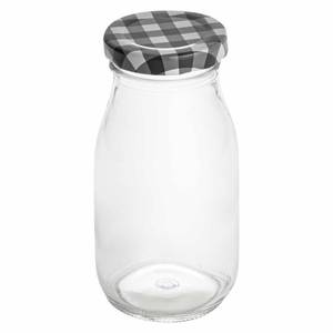 lot 11445 image: Restaurantware-French Countryside 6 Ounce Glass Bottles, 10 Durable Juice Bottles - With Black Plaid Lid, Dishwashable, Clear Glass Countryside Bottle, For Hot And Cold Beverages (Only 6)