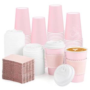 lot 11451 image: 60 Pack Pink Coffee Cups with Lids Sleeves, 12oz Insulated To Go Paper Cup