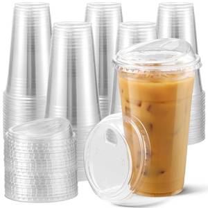 lot 11463 image: AOZITA 100 Pack 24 oz Disposable Plastic Cups With Strawless Sip-Lids, Clear Plastic Iced Coffee Cups Go for Drinks, Bubble Tea, Cold Beverage - BPA Free