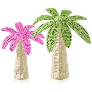 lot 11464 image: Roowest 2 Pcs Woven Palm Tree Centerpiece, Rattan Tabletop,Pink and Green