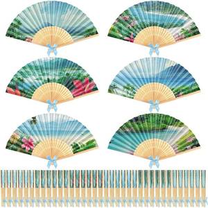 lot 11467 image: Roowest 36 Pcs Summer Tropical Folding Hand Fan Bulk Ocean Beach Lagoon Party Paper Fan with Blue Bow Palm Tree Landscape Handheld Fans for Luau Birthday Bridal Wedding Tea Party Hawaiian Decor