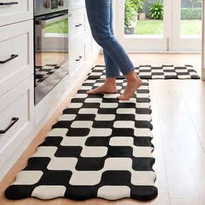 lot 11468 image: Scalloped Black Beige Retro Curvy Checkered Grid Checkerboard Kitchen Rug Sets 2 PCs, Anti-Fatigue, Waterproof Non-Slip Kitchen Mats Heavy Duty Comfort Foam Rug for Floor,Laundry,17.3x2917.3x47