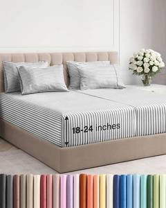 lot 11478 image: Extra Deep Split King Sheet Set - 7 Piece Cooling Bed Sheets - Grey Stripes (Used)