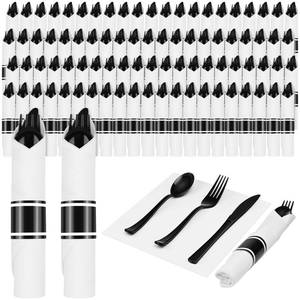 lot 11483 image: 100Pack Pre Rolled Black Plastic Silverware Rolled Cutlery with Napkins
