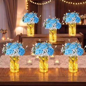 lot 11488 image: Domensi Set of 6 LED Lighted Floral Table Centerpieces, Faux Roses, Eucalyptus & Babys Breath in Acrylic Vase, Glowing Rustic Wedding Decor for Bridal Shower, Party & Dining Table(Blue)