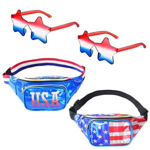 lot 12256 image: 2 Set Holographic USA Flag Fanny Packs & Star Sunglasses, 4th of July Patriotic Belt Waist Bag, American Independence Day Accessories Men Women