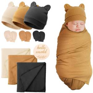 lot 12257 image: BQUBO 3 Sets Cotton Baby Swaddle Blankets Swaddling Wrap with Hats Mittens Newborn Soft Silky Nursery Receiving Blanket Cute Bear Ears Hat Elastic Gloves Set for Unisex Baby 0-3 Months (Missing Black Wrap)