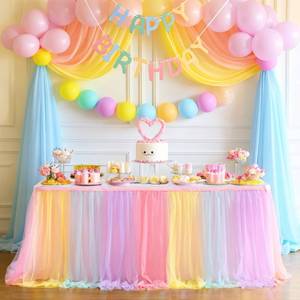 lot 12281 image: Suppromo Rainbow Table Skirt for Birthday Party 6ft Unicorn Tulle Tutu Table Skirt for Baby Shower Girl Boy Gender Reveal Rainbow Tablecloth Desk Skirt for Unicorn Party Decorations(L6(ft) H 30in)