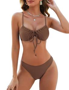 lot 12290 image: ZAFUL Women High Cut Bikini Sets String Sexy Swimsuit Two Piece Underwire Bathing Suit Brazilian Cheeky Cut Out Cute Swimwear Coffee M