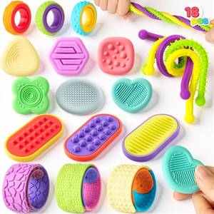 lot 12301 image: JOYIN 18 PCS Silicone Fidget Toys Set, Quiet Silicone Sensory Toys for Kids & Adults, Stress Relief Pack with Sensory Stones, Fidget Rings, Push Boards, Stretchy Strings & Textured Wristbands