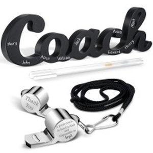 lot 12316 image: Yalikop 3 Pcs Coach Gifts Football Coach Wood Sign Thank You Whistle Marker Pen Stainless Steel Whistle with Rope for Men Women Soccer Baseball Volleyball Sports Gifts(Elegant Style)
