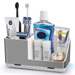 lot 12335 image: Toothbrush Holders for Bathroom Countertop Organizer (Brushed Silver Grain)