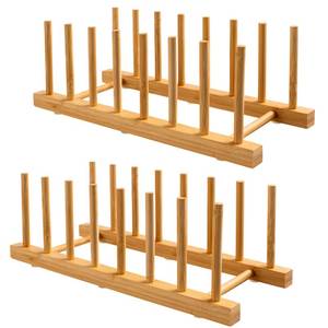 lot 12342 image: HBlife 2-Pack Bamboo Wooden Dish Rack Plate Holder Kitchen Organizer 7-Slot