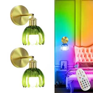 lot 19611 image: Depuley Battery Operated Wall Sconce Set of 2 Wireless Wall Lights with Tulip Glass Lampshade for Bedroom - Rechargeable 15 Colors Gold Wall Lamp for Living Room Doorway Home Decor - Green