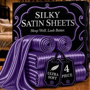 lot 19616 image: DECOLURE Satin Bed Sheets - 6 Piece Luxury Silky Full Size Bedding Set - Softer Than Silk, Wrinkle-Free with 15 Deep Pocket Fitted Sheet, Perfect for Hair & Skin, Gifts for Women (Striped Purple)