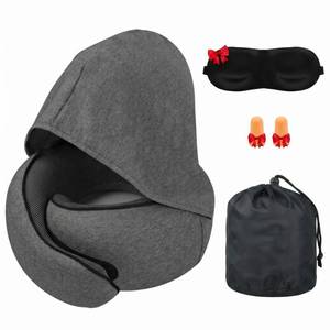 lot 19626 image: MWODC Travel Neck Pillow with Hood, Memory Foam, 360° Ergonomic Support, Cooling Ice Silk, Hooded Design, with Eye Mask, Earplugs, and Storage Pouch Airplane Travel Essentials, Dark Gray
