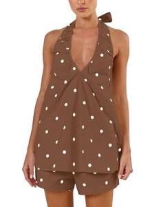 lot 20110 image: Navonta Polka Dot Short Sets for Women Deep V Neck Sleeveless Halter Top High Rise Shorts Matching 2 Piece Lounge Set Medium
