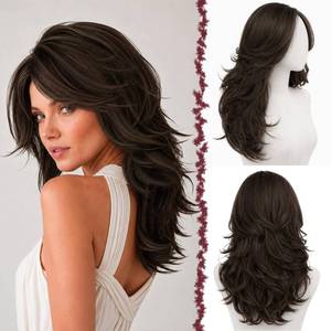 lot 20149 image: Luqicat Brown Wigs for Women Long Wavy Layered Wig with Curtain Bangs