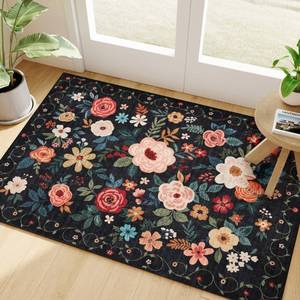 lot 20172 image: DUKINO 2x3 Door Mat Indoor Entrance, Floral Washable Rug Non Slip, Black