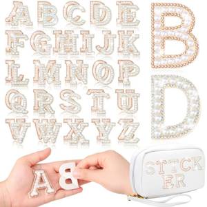 lot 20213 image: 52 Pcs Self Adhesive Rhinestone Pearl Letter Patches A-Z, White, Gold