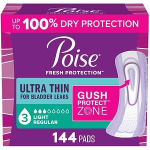 lot 1159 image: Poise Ultra Thin Incontinence Pads for Women, 3 Drop, 144 ct
