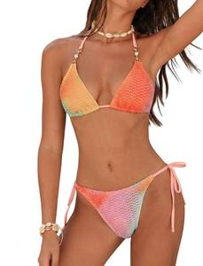 lot 2043 image: ZAFUL Womens Halter Triangle Cute Bikini Set Textured 2 Piece Swimsuit Tie Back Side Bottom Sexy Swimwear Summer Bathing Suit (A04 Orange, M)