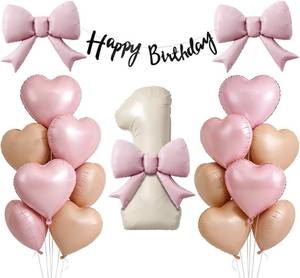 lot 2493 image: 28Pcs First Birthday Decorations for Girl Pink Heart Bow Foil Balloons Cream Number 1 Balloon Black Happy Birthday Banner, 1st Birthday Decorations Girl One Year Old Sweet One Party Decor Supplies