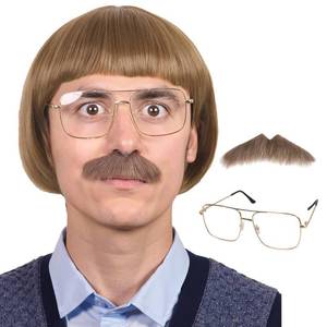 lot 2497 image: FantaLook Short Straight 60 70s Bowl Cut Funny Wig with Glasses and Mustache for Men Crazy Mushroom Cosplay Wig for Halloween (Light Brown)