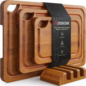 lot 3419 image: Astercook Deep-Carbonized Bamboo Cutting Boards for Kitchen with Wood Storage Stand, Reversible Charcuterie & Chopping Boards with Juice Grooves and Easy-Grip Handles, Fathers Day Gift for Men