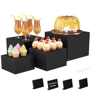 lot 4409 image: Metal Buffet Risers,4PCS Food Risers for Buffet Table 5in to 8in Display Stand with Mini Acrylic Signs for Catering Dessert Collectibles Jewelry Figures Show Matte Black Cube Boxes Nesting Risers with Hollow Bottoms