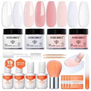 lot 4429 image: Modelones Dip Powder Nail Kit, 4 Colors Clear Nude White Pink Dipping Starter Set with Liquid and Complete Accessories for French Nails Art Salon DIY at Home Manicure