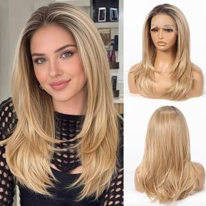 lot 4436 image: Allbell Light Brown Mixed Blonde Synthetic Lace Front Wigs for Women, 13  4 Long Layered Hair Wig With Natural Glueless Hairline 20 Inch for Daily