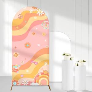 lot 4438 image: Cheerupp Retro Groovy Arch Backdrop Covers, 6 Ft Stretchy Arch Backdrop Stand Covers, Hippie Daisy Flower Photography Background Arch Stand Covers for Birthday Baby Shower Wedding Party Decor
