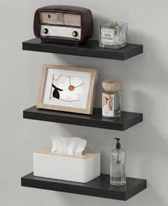 lot 5839 image: Duvique Easy Install Floating Shelves, 15.6 Inch Wall Mounted Wooden Shelf, Small Hanging Shelf for Home Decor, Books and Storage, Organizer for Bedroom, Bathroom, Kitchen, Set of 3, Dark Black