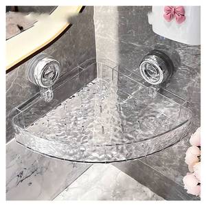 lot 5842 image: Corrugated Suction Cup Storage Holder Corner Shower Caddy Large Organizer Bathroom Shelf Clear Acrylic Shower Tray Shelves Inside Floating Shower Wall Shelf Bath Basket Rack Heavy Duty (Corner-Clear)