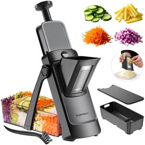 lot 5846 image: SupMaKin 8 IN 1 Upgraded Safe Mandoline Slicer,Multi Vegetable Chopper,Potato Slicer, Onion Chopper with Drain Basket Storage Container, Cheese Grater Kitchen Chopping Artifact (Black)