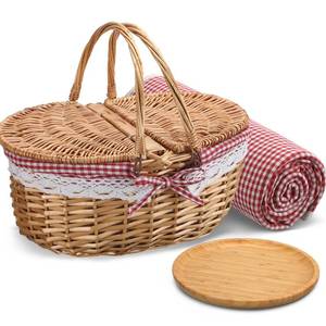 lot 5859 image: Gandeer Picnic Basket with Blankets and Bamboo Plates Picnic Supplies Set Basket with Lid and Handle Wicker Picnic Basket Sturdy Woven Body with Washable Lining for Camping(Red)