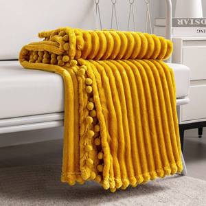 lot 5864 image: DISSA Fleece Blanket Throw Size �� 51x63, Yellow Soft, Plush, Fluffy, Fuzzy, Warm, Cozy Perfect for Couch, Bed, Sofa - with Pompom Fringe Flannel