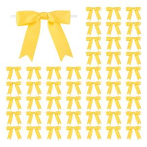 lot 6207 image: Meseey 50 Pcs 3 Inches Twist Tie Satin Ribbon Bows Yellow Pretied Premade Craft Bows for Treat Bags Gift Wrapping Basket Wedding Baby Shower Brithday Christmas Party (3, Yellow)