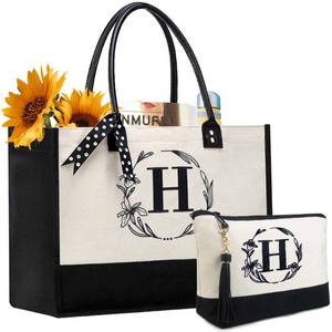 lot 6233 image: BeeGreen Initial Canvas Tote Bags Personalized Birthday Mothers Day Gifts for Women Mother Grandma Embroidery Monogram Bags with Leather Handle Organized Inner Pocket H