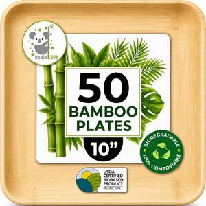 lot 7691 image: Koala love 10 Inch Bamboo Paper Disposable 50 Bulk Dinner Square Party Plates Event Tableware Eco Biodegradable Compostable Wooden Plate Best Alternative to Plastic Plate